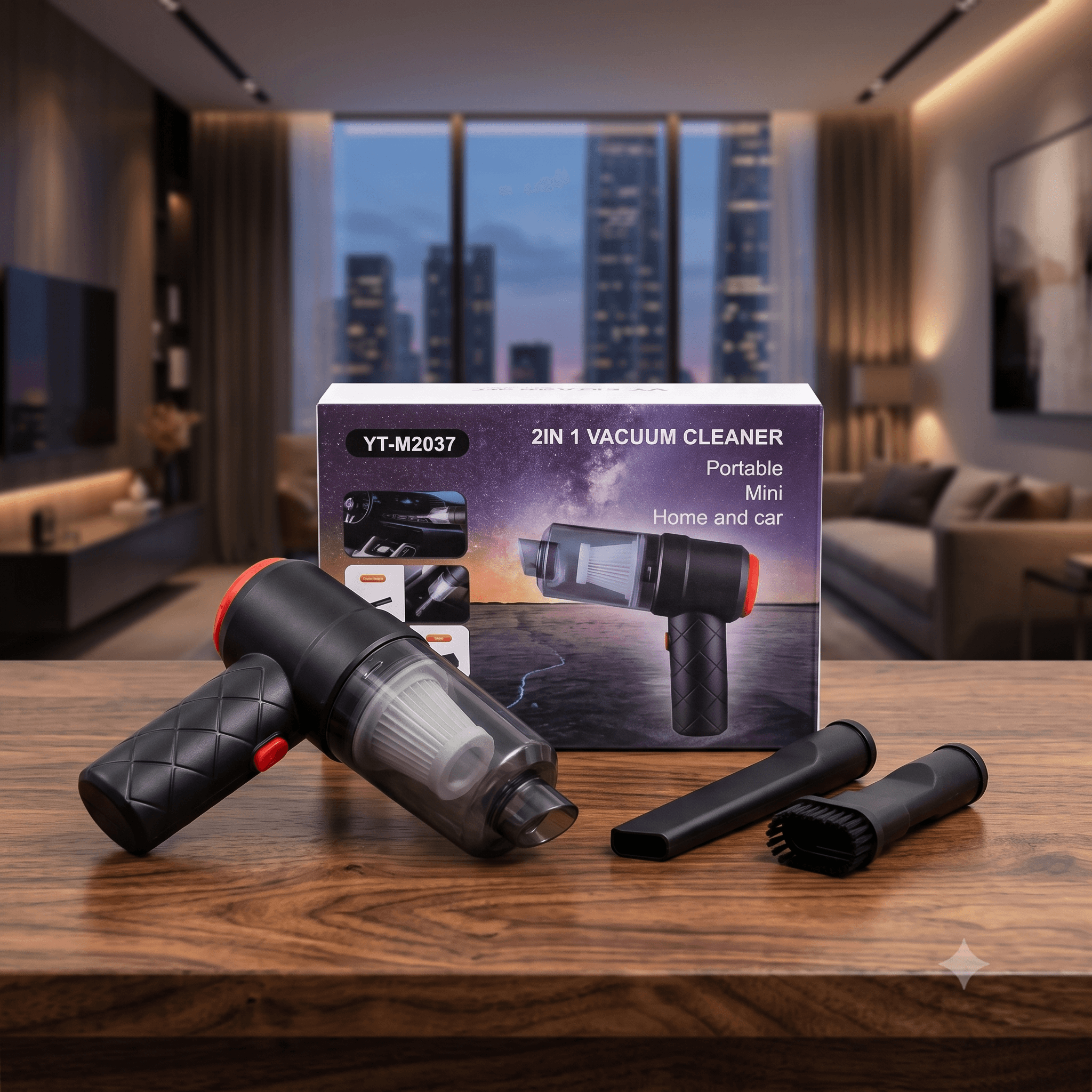 YT-M2037 2-in-1 Portable Mini Vacuum Cleaner – Cordless Handheld Car & Home Vacuum with Diamond-Quilted Grip, Multi-Nozzle Accessories, and Transparent Dust Bin