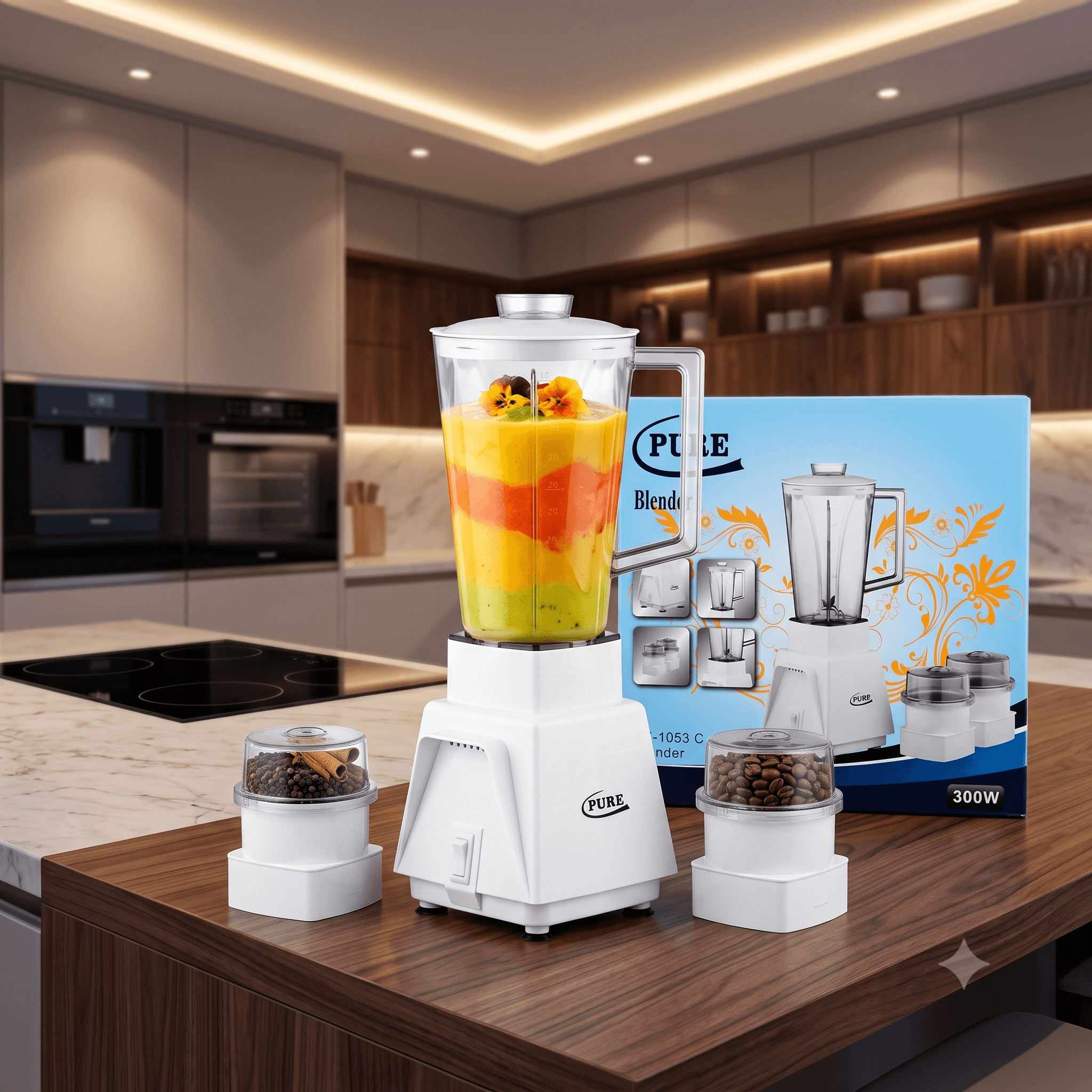 PURE PB-1053 C 300W Countertop Blender Set – Multi-Function Electric Food Processor & Smoothie Maker with 1.5L Transparent Pitcher and Dual Grinding Mills