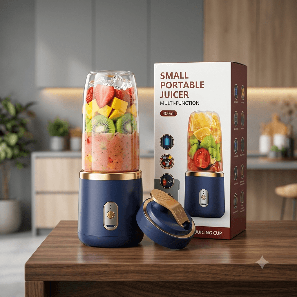 Multi-Function Small Portable Juicer Cup – 400ml Rechargeable Personal Electric Blender (Navy Blue & Gold)