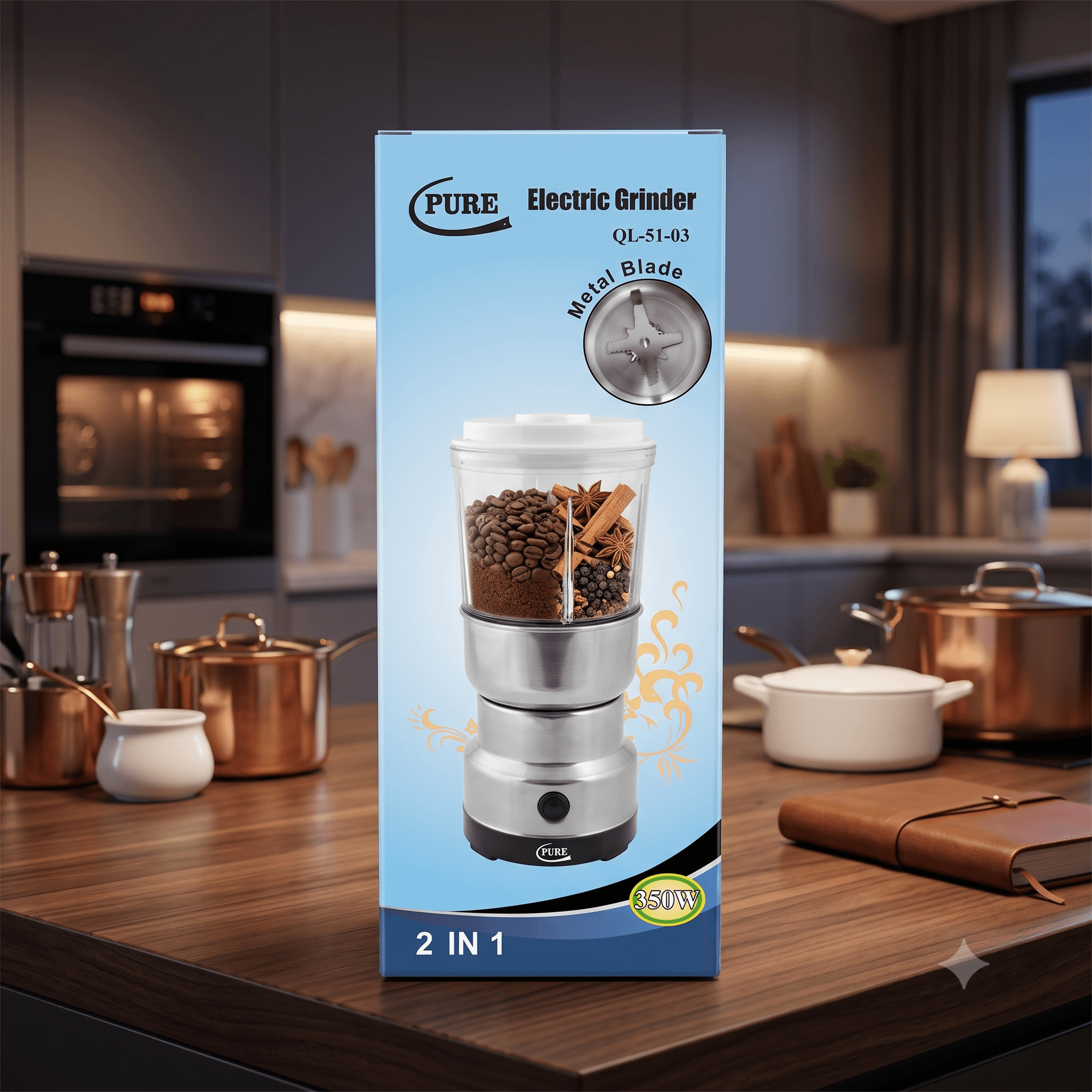 PURE Electric Grinder QL-51-03 350W 2-in-1 Compact Stainless Steel Spice & Coffee Grinder – Heavy-Duty Metal Blade Electric Food Mill with Clear View Lid