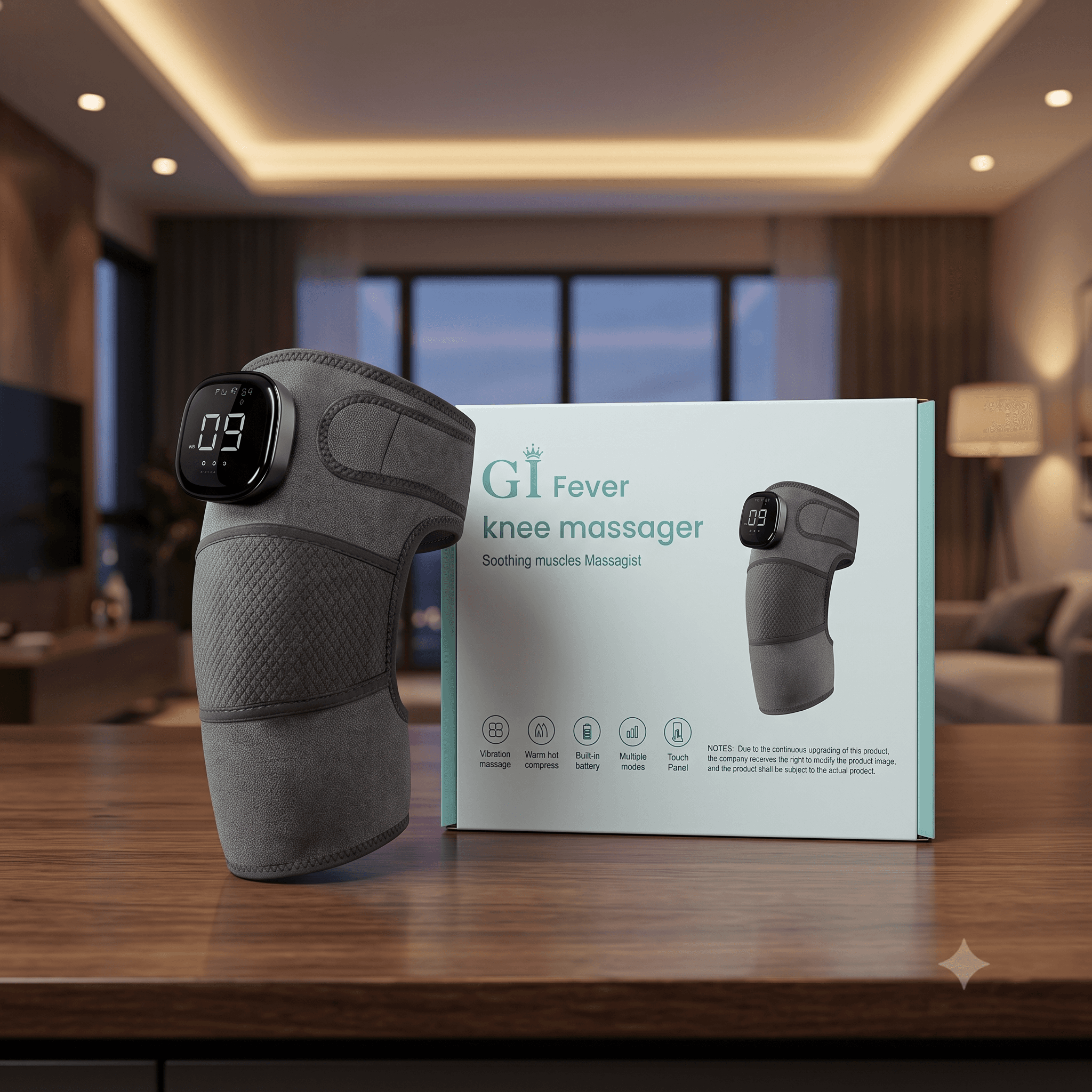 GI Fever Knee Massager – Electric Heated Compression Knee Wrap with Smart Touch Panel Display, Multi-Frequency Vibration, Thermal Therapy, and Rechargeable Battery