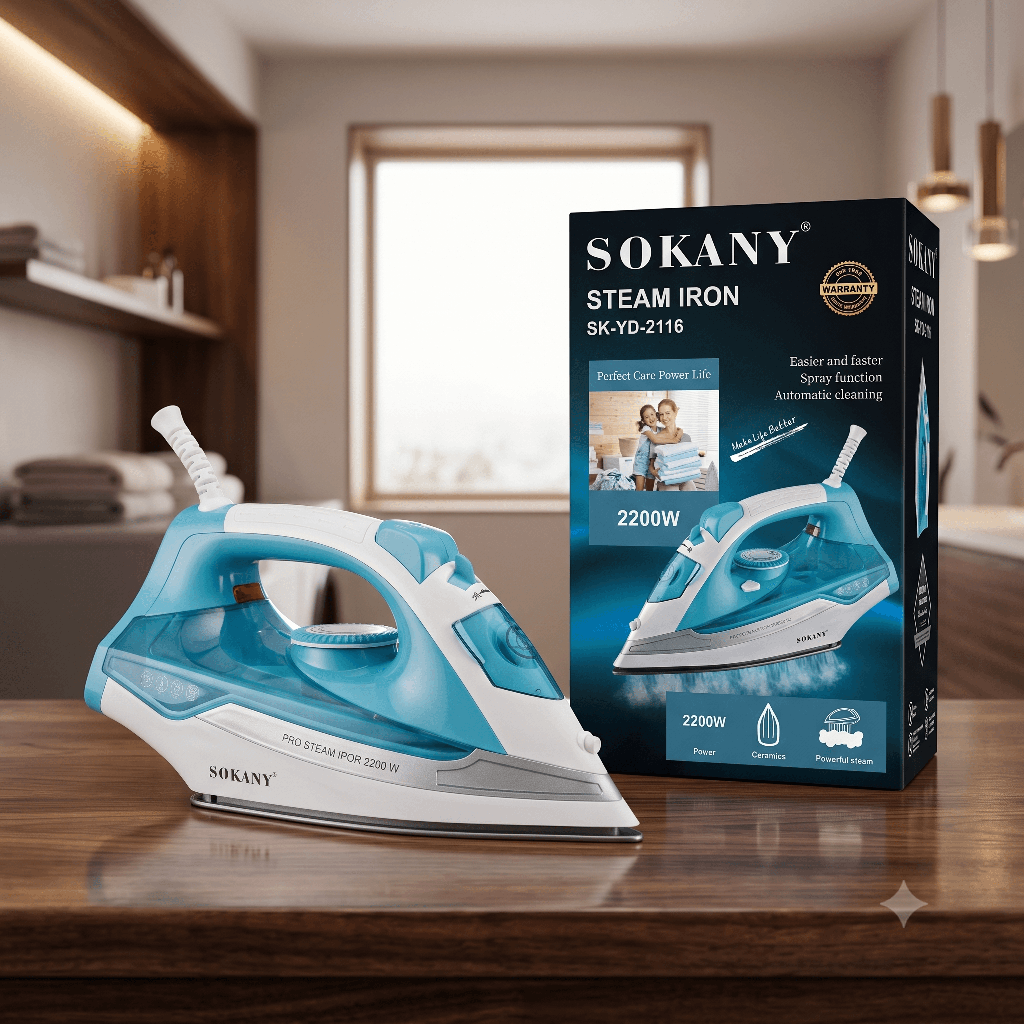 SOKANY SK-YD-2116 Professional Steam Iron โ 2200W High Power Ceramic Soleplate with Spray & Self-Cleaning (Teal & White)