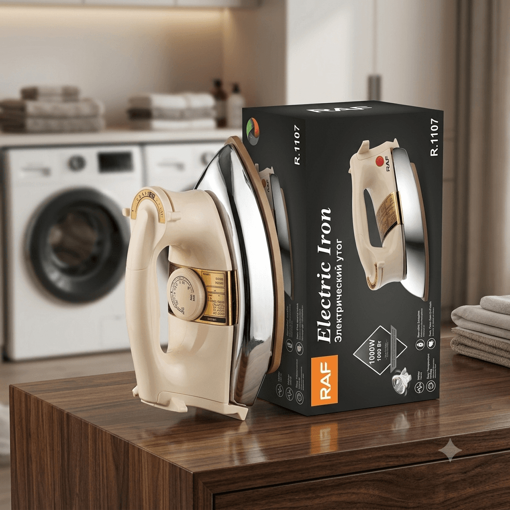 RAF R.1107 Heavy Duty Electric Dry Iron โ 1000W Non-Stick Stainless Steel Soleplate (Beige & Chrome)
