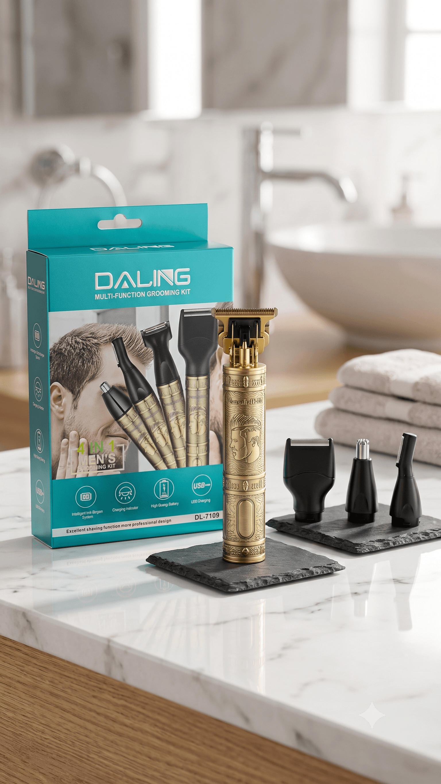 DALING DL-7109 Professional 4-in-1 Multi-Function Men's Grooming Kit β Rechargeable Electric Shaver, Nose, Ear & Eyebrow Trimmer Set