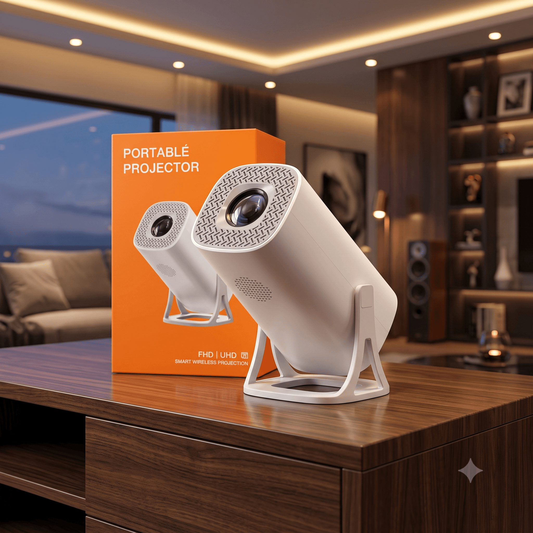 Smart Wireless Portable Projector โ Full HD / UHD Supported Mini Home Theater Projector with 180ยฐ Rotating Cradle Stand & Textured Lens Mesh