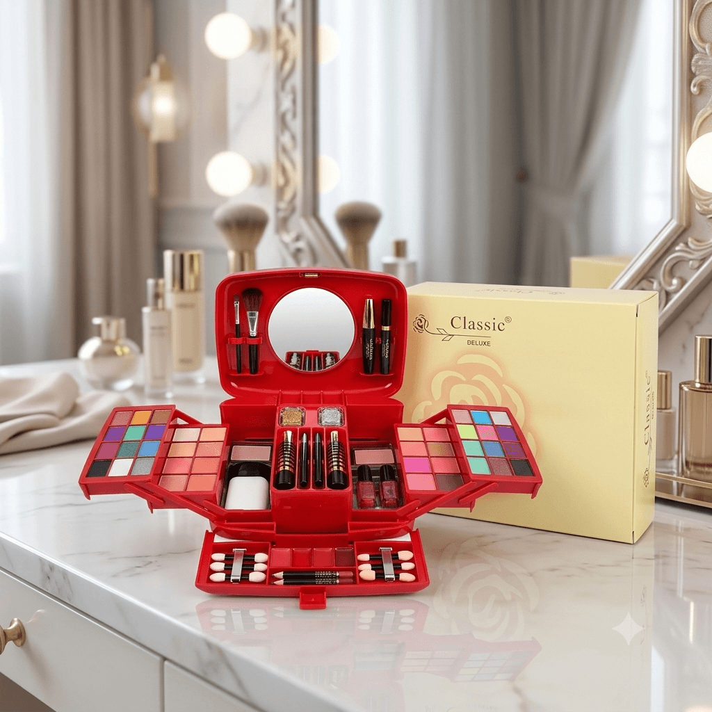 Classic Deluxe Professional Make-Up Kit β Luxury All-in-One Vanity Makeup Box with Eyeshadow, Blushes, Lip Colors, and Built-in Mirror