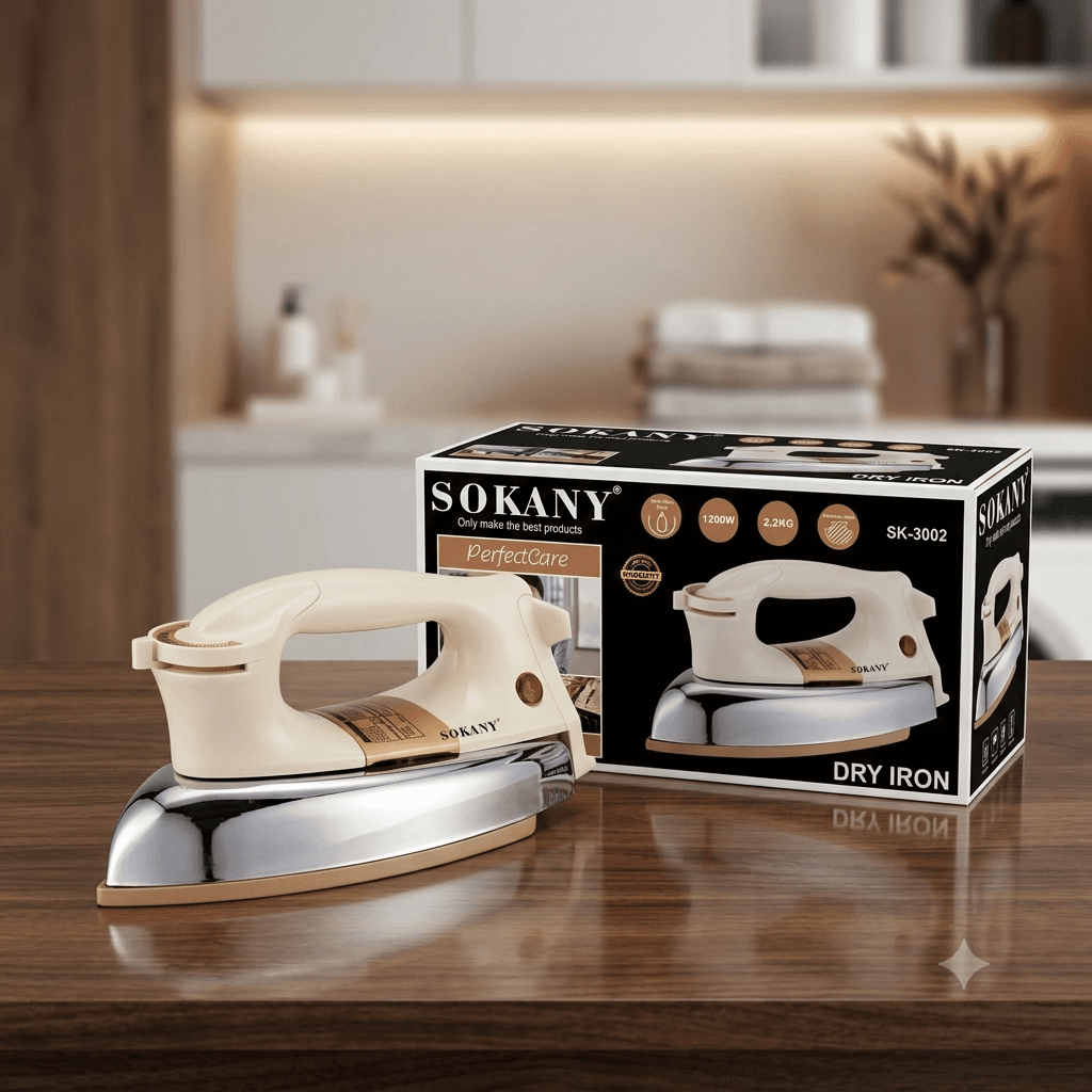 SOKANY SK-3002 Heavy Duty Electric Dry Iron β 1200W High Power 2.2KG Non-Stick Soleplate (Beige & Chrome)