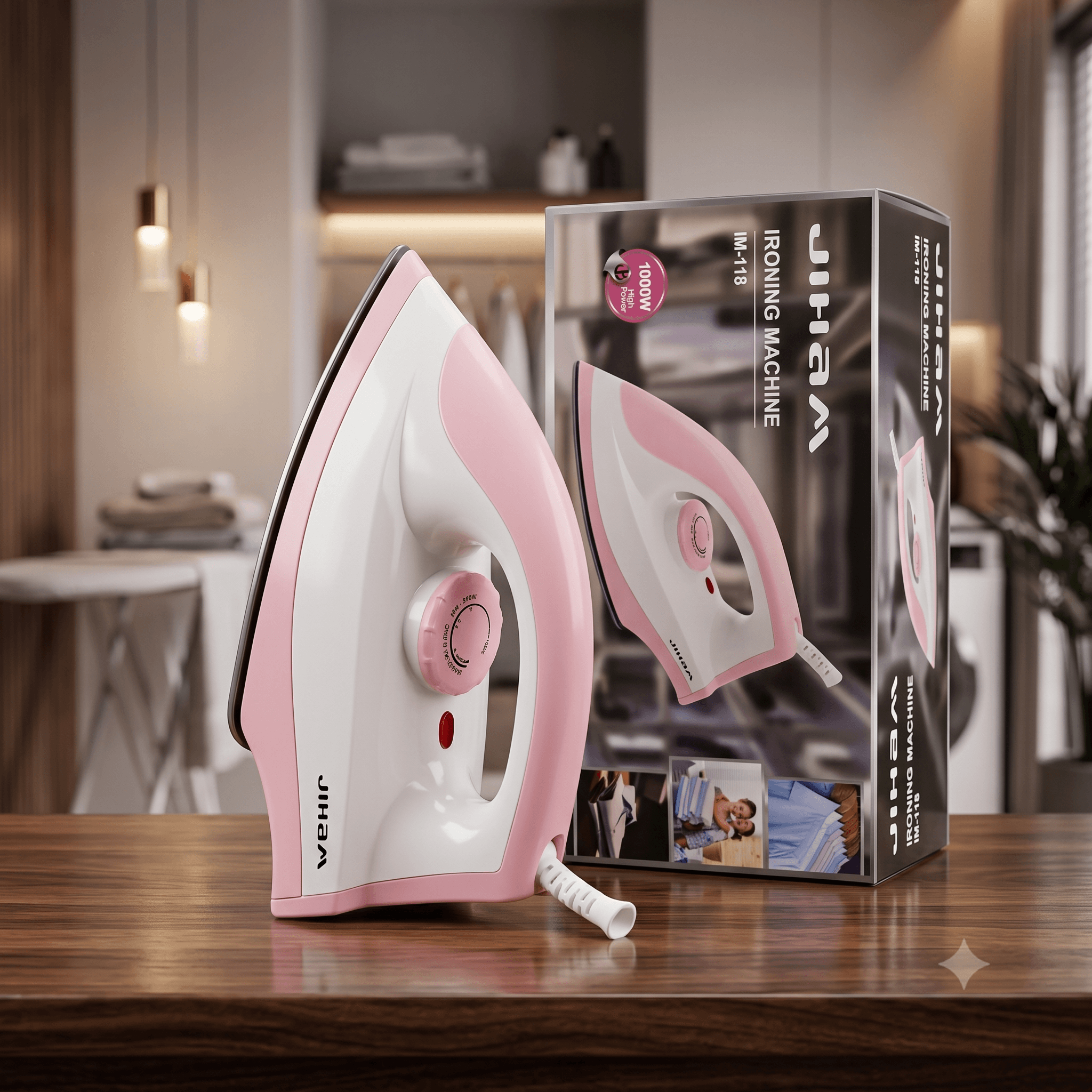 JIHAM IM-118 Electric Ironing Machine โ 1000W High Power Lightweight Dry Iron (Pink & White)