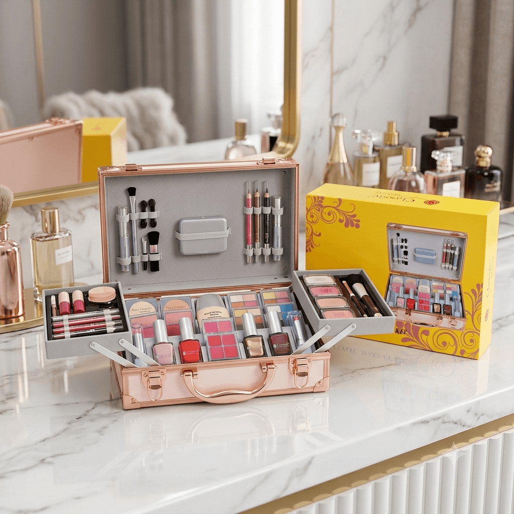 Classic Deluxe Professional Vanity Case Make-Up Kit β Luxury Aluminum Travel Cosmetics Suitcase with Nail Polish, Lip Gloss, Eyeshadows, and Full Brush Set