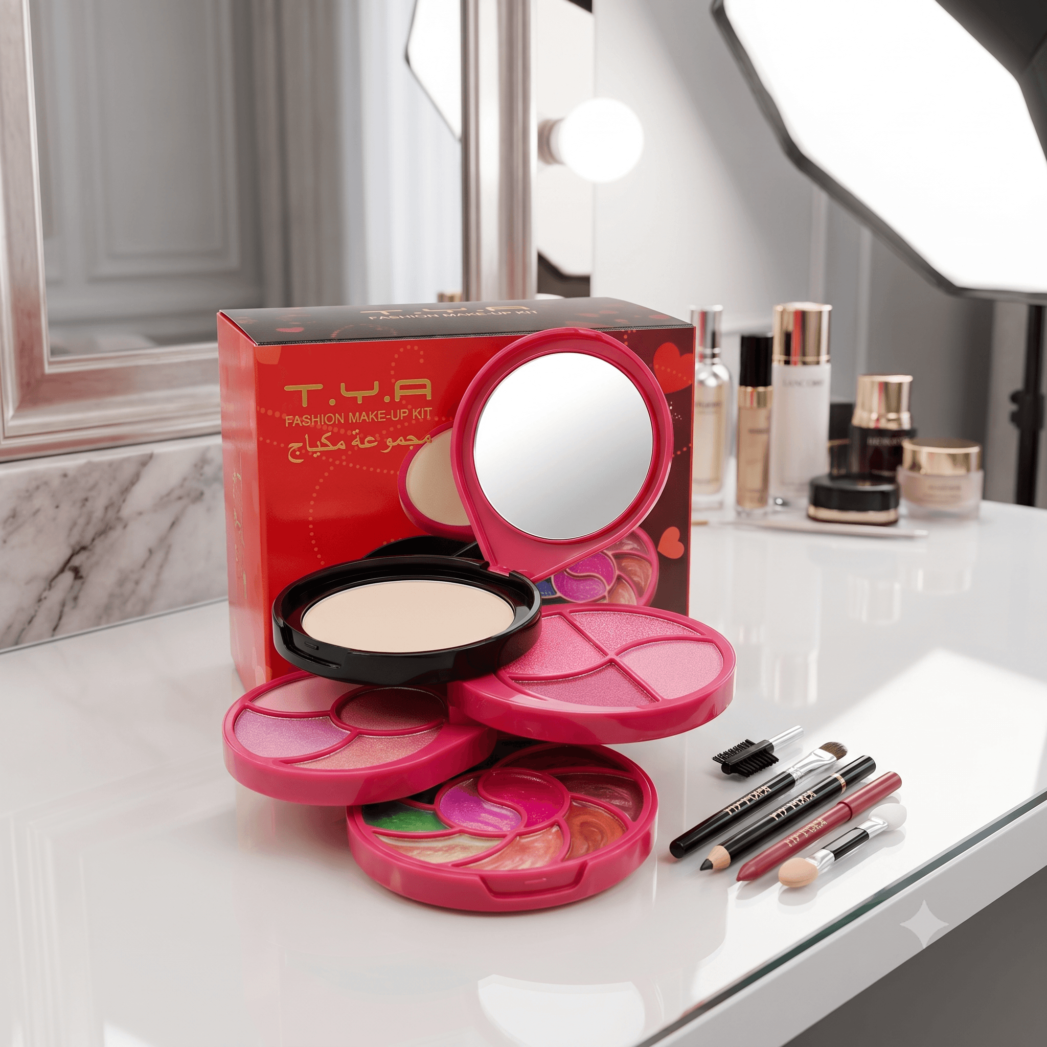 T.Y.A Fashion Make-Up Kit β All-in-One Compact Travel Vanity Set with Eyeshadow, Lip Gloss, Face Powder, and Built-In Mirror