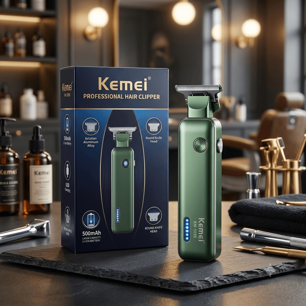 Kemei KM-5098 Professional Hair Clipper β Aviation Aluminum Alloy Cordless T-Blade Trimmer with 500mAh Lithium Battery