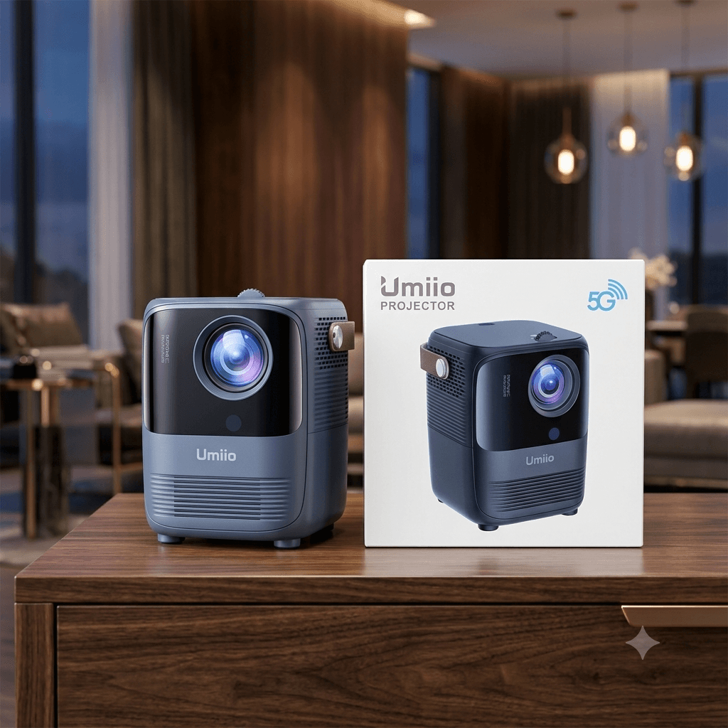 Umiio Smart Portable Projector โ Full HD Home Theater Video Projector with Dual-Band 5G Wi-Fi, Compact Design & Integrated Carry Strap